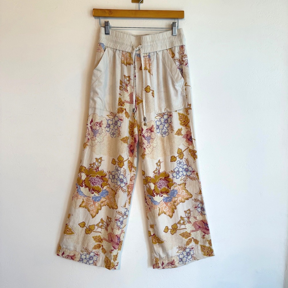 House of Harlow 1960 Floral Linen Wide Leg Pants Pull On S Boho Fairycore Resort